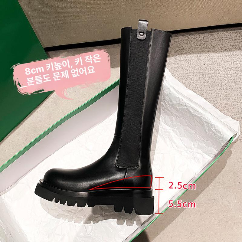 통굽 롱부츠 소가죽 여성용 키높이 두꺼운 밑창 통넓은 스탠다드 앞가죽 단일 평평한 바닥 블랙 35 - 상세 이미지 2
