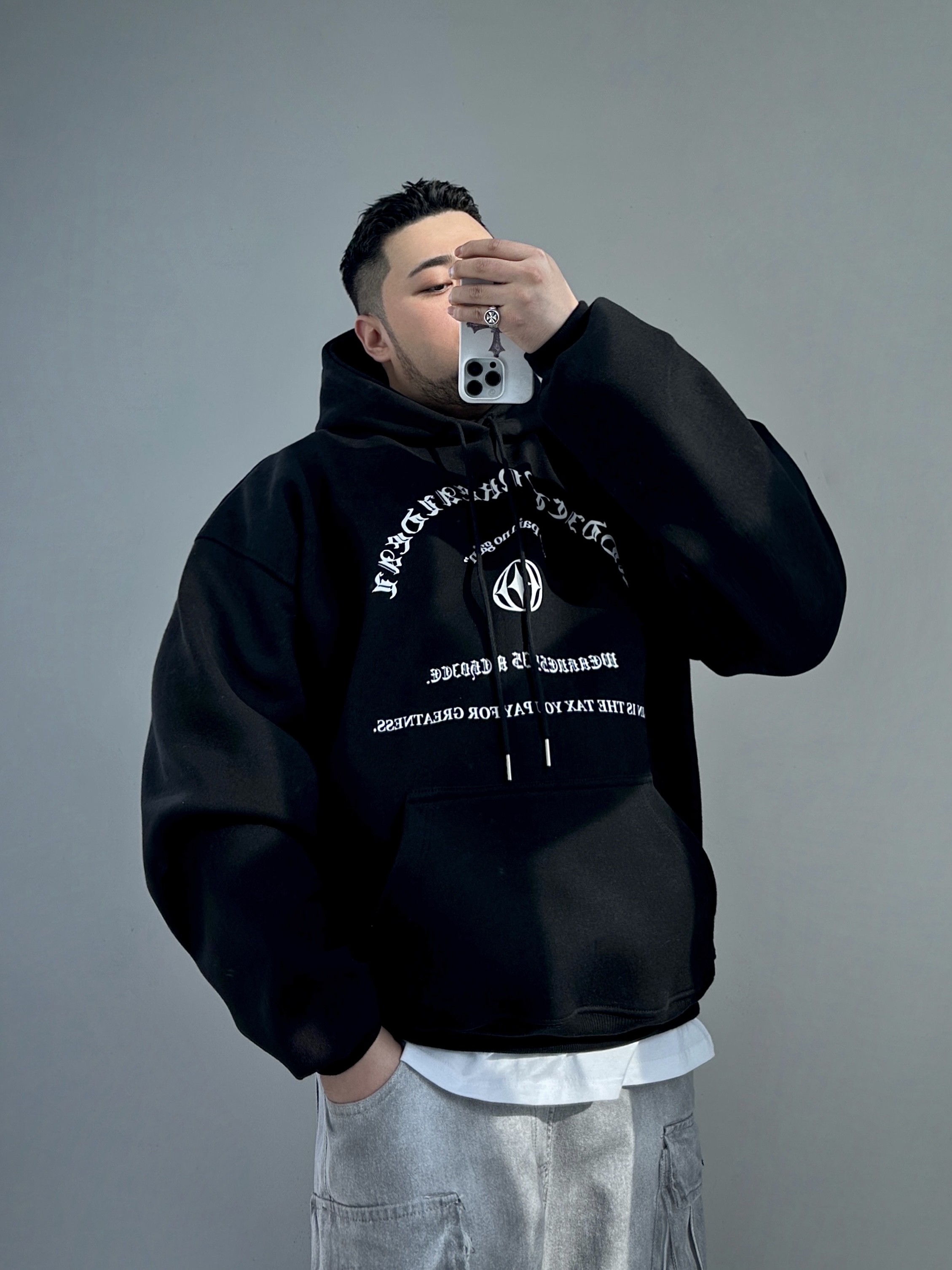aor. 심볼 로고 오버 헤비 후드 블랙-화이트 1COLOR 빅사이즈 에이오알닷 - 상세 이미지 2