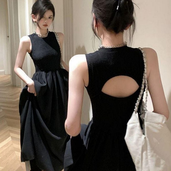 뒷트임 여성 롱 원피스 민소매 롱 원피스 데일리 블랙 - 메인 이미지
