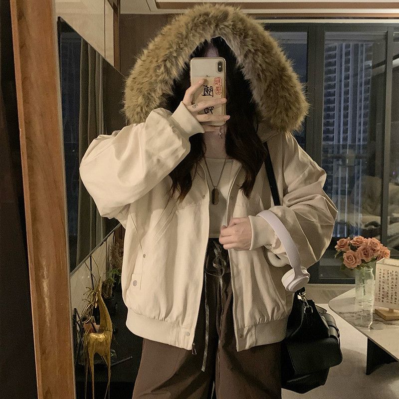 여성 후드 퍼 카라 도톰한 기모안감 루즈핏 지퍼 항공 점퍼 자켓 보온성 좋은 캐주얼 겨울 아우터 - 상세 이미지 3