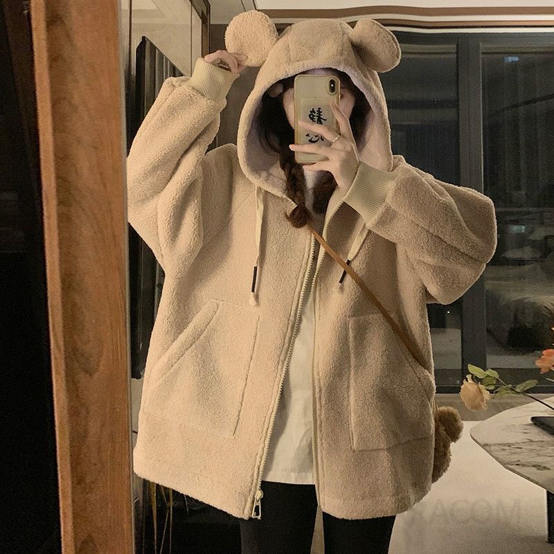여성 귀여운 곰돌이 귀 후드 루즈핏 양털 후리스 두툼한 따뜻한 겨울 오버핏 아우터 점퍼 자켓 - 상세 이미지 2