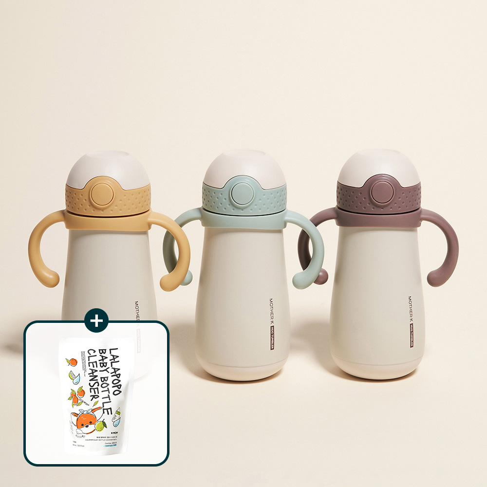 [젖병식기세정제 GIFT] 마더케이 허그 보온보냉 스테인리스 원터치 아기 스텐빨대컵 350ml - 상품 이미지