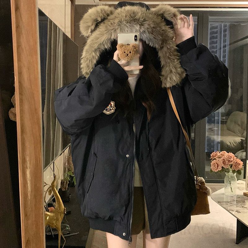 여성 루즈핏 오버핏 귀여운 곰돌이 귀 퍼 후드 숏패딩 점퍼 항공점퍼 캐주얼 데일리룩 겨울 아우터 자켓 - 상세 이미지 3