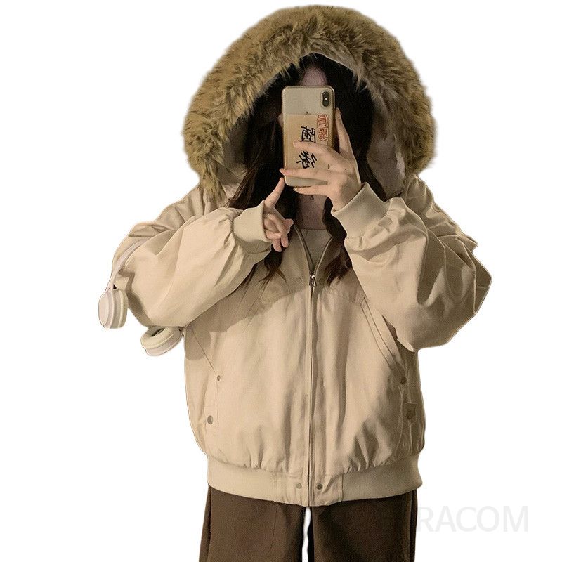 여성 후드 퍼 카라 도톰한 기모안감 루즈핏 지퍼 항공 점퍼 자켓 보온성 좋은 캐주얼 겨울 아우터 - 상세 이미지 5