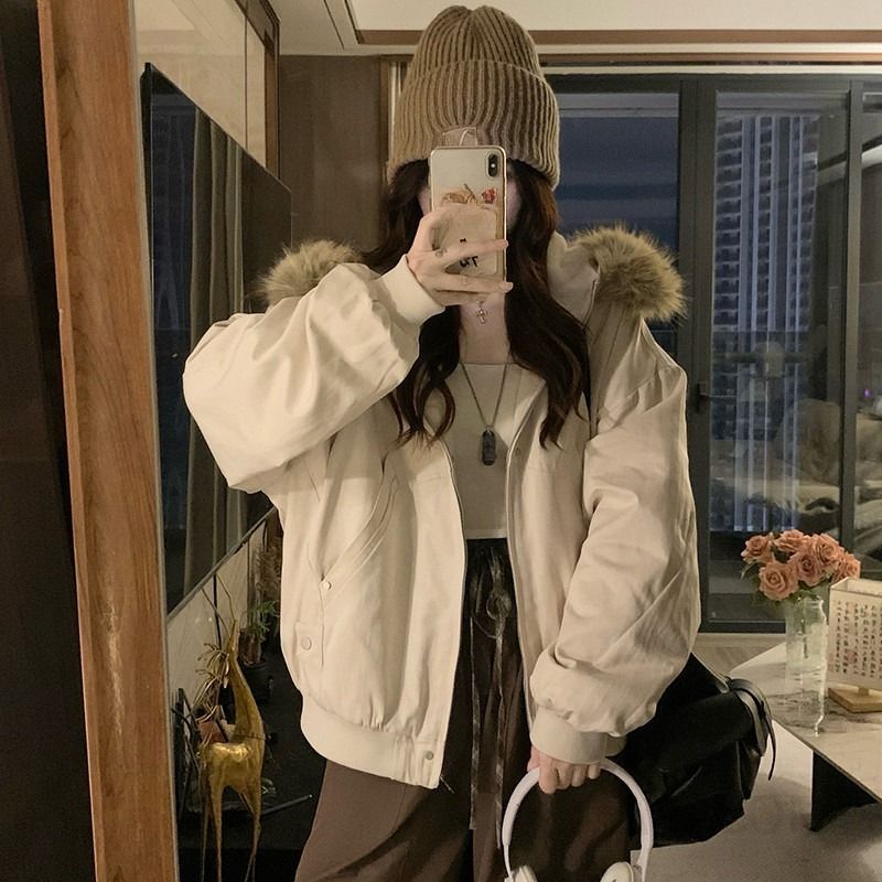 여성 후드 퍼 카라 도톰한 기모안감 루즈핏 지퍼 항공 점퍼 자켓 보온성 좋은 캐주얼 겨울 아우터 - 상세 이미지 4