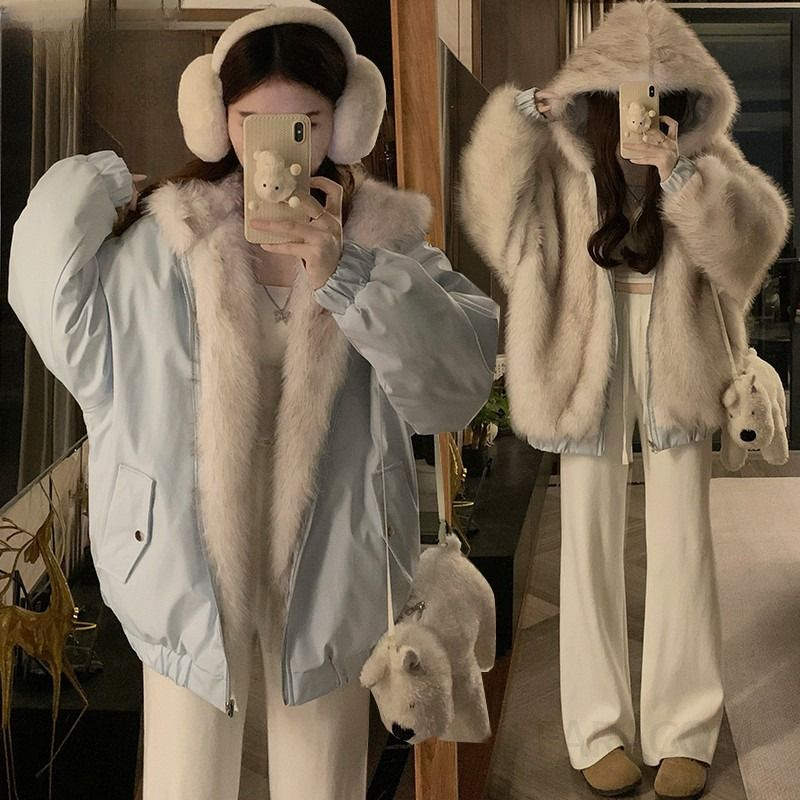 여성 양면 후드 패딩 코트 겨울 따뜻한 코튼 소재 귀여운 고양이 귀 디자인 트렌디한 스타일 오버핏 점퍼 자켓 - 상세 이미지 2