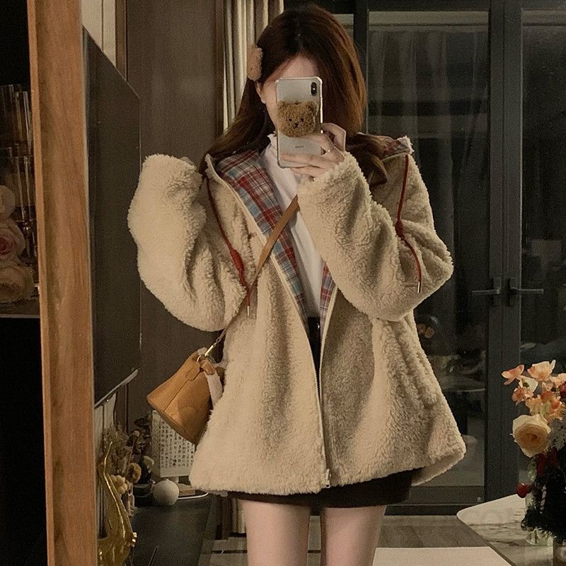 여성 양면 덤블 양털 후드 자켓 레드 체크 루즈핏 오버핏 따뜻한 겨울 데일리 점퍼 외투 - 상세 이미지 2