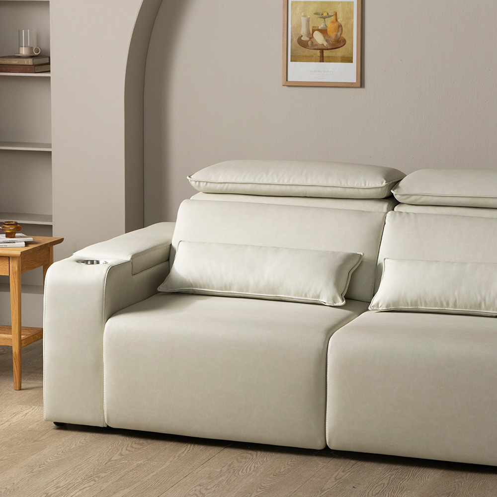 [4인 이지클린 기능성 가죽 소파] 미코하임 르네 슬라이딩 확장형 리클라이너 모션 공간 활용 거실 소파 스툴미포함, 크림베이지(가죽), 4인용