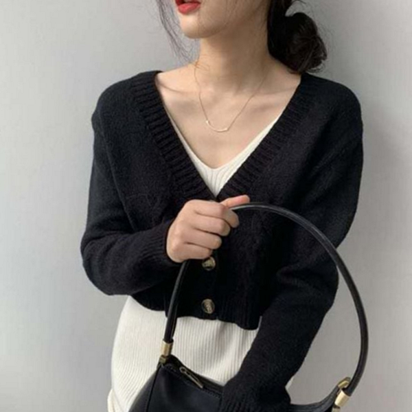꽈배기 여성 크롭 가디건 루즈핏 크롭 가디건 니트 브이넥 - 메인 이미지