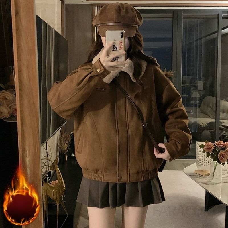 여성 덤블카라 스웨이드 배색 항공 점퍼 따뜻한 두툼한 겨울 캐주얼 아우터 자켓 - 메인 이미지