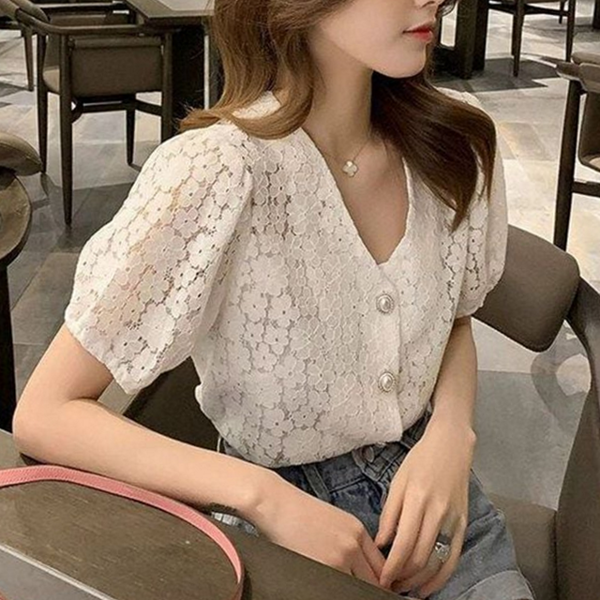 브이넥 여성 블라우스 플라워 레이스 블라우스 시스루 페미닌 - 메인 이미지