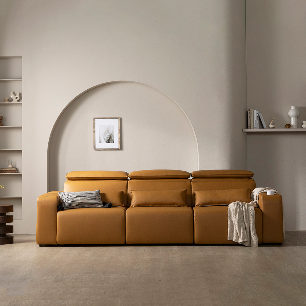 [4인 이지클린 기능성 가죽 소파] 미코하임 르네 슬라이딩 확장형 리클라이너 모션 공간 활용 거실 소파 스툴미포함, 카멜(가죽), 4인용