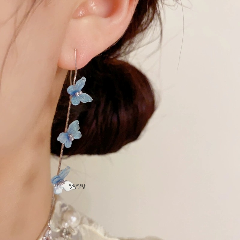 청초한 블루나비 큐빅 롱드롭 이어링 14K 긴귀걸이 - 상세 이미지 2