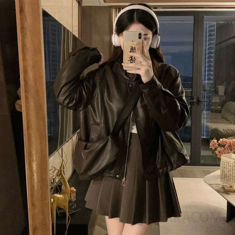 여성 빅사이즈 루즈핏 시크 레더 패딩 숏 항공점퍼 기모안감 가죽 라이더 점퍼 스트릿 겨울 아우터 - 상세 이미지 3