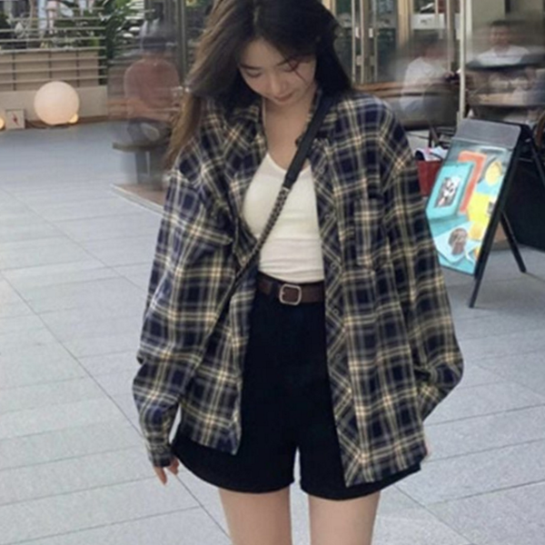루즈핏 여성 체크 셔츠 오버핏 여성 체크 남방 캐주얼 - 메인 이미지