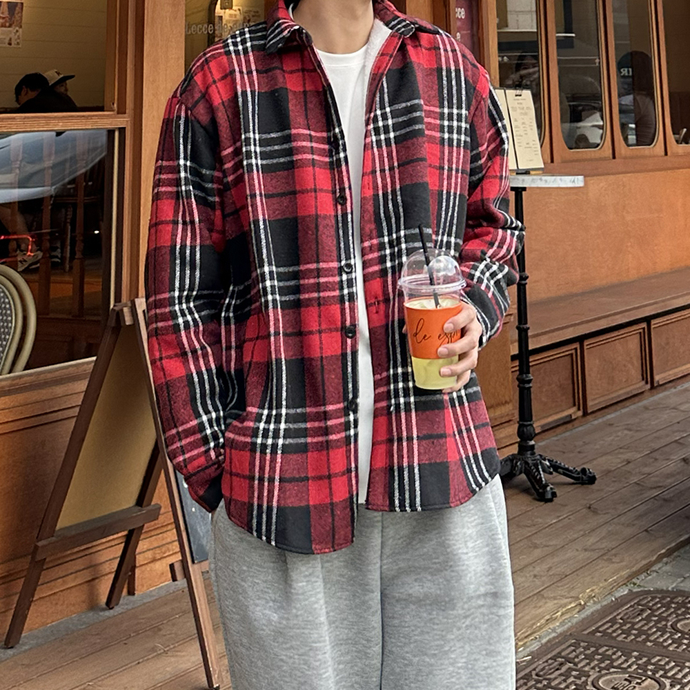 남자 기모셔츠 오버핏 모직 체크 남방 양털 레드 빨간 남자 셔츠 - 상품 이미지