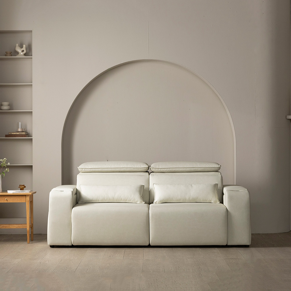 [4인 이지클린 기능성 가죽 소파] 미코하임 르네 슬라이딩 확장형 리클라이너 모션 공간 활용 거실 소파 스툴미포함, 크림베이지(가죽), 4인용