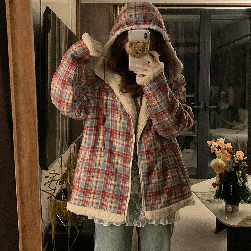 여성 양면 덤블 양털 후드 자켓 레드 체크 루즈핏 오버핏 따뜻한 겨울 데일리 점퍼 외투 - 상세 이미지 5