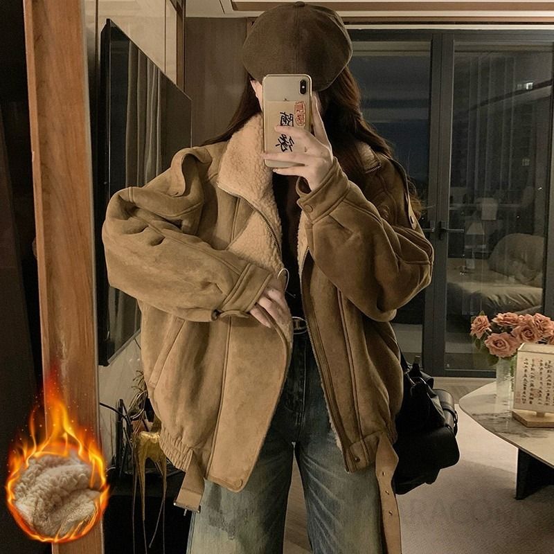 여성 루즈핏 인조 스웨이드 덤블 안감 점퍼 아우터 캐주얼 데일리 겨울 자켓 - 메인 이미지