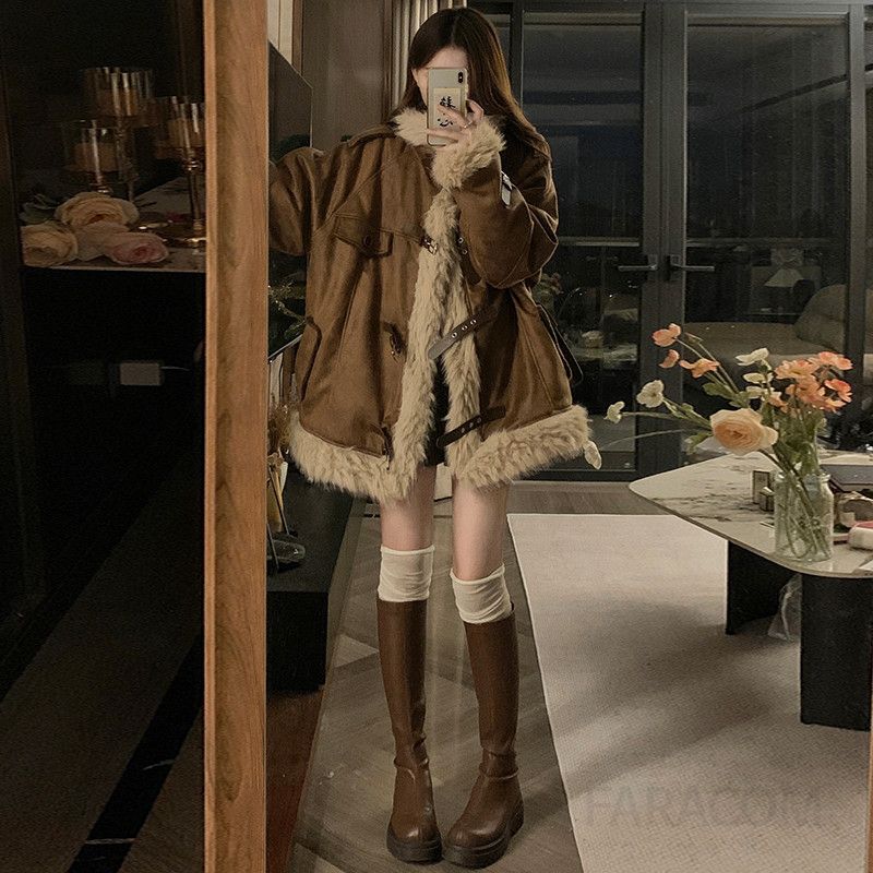 여성 레트로 무스탕 양털 퍼 스웨이드 숏 자켓 카라넥 오버핏 루즈핏 데일리룩 따뜻한 겨울 캐주얼 코트 아우터 - 상세 이미지 4