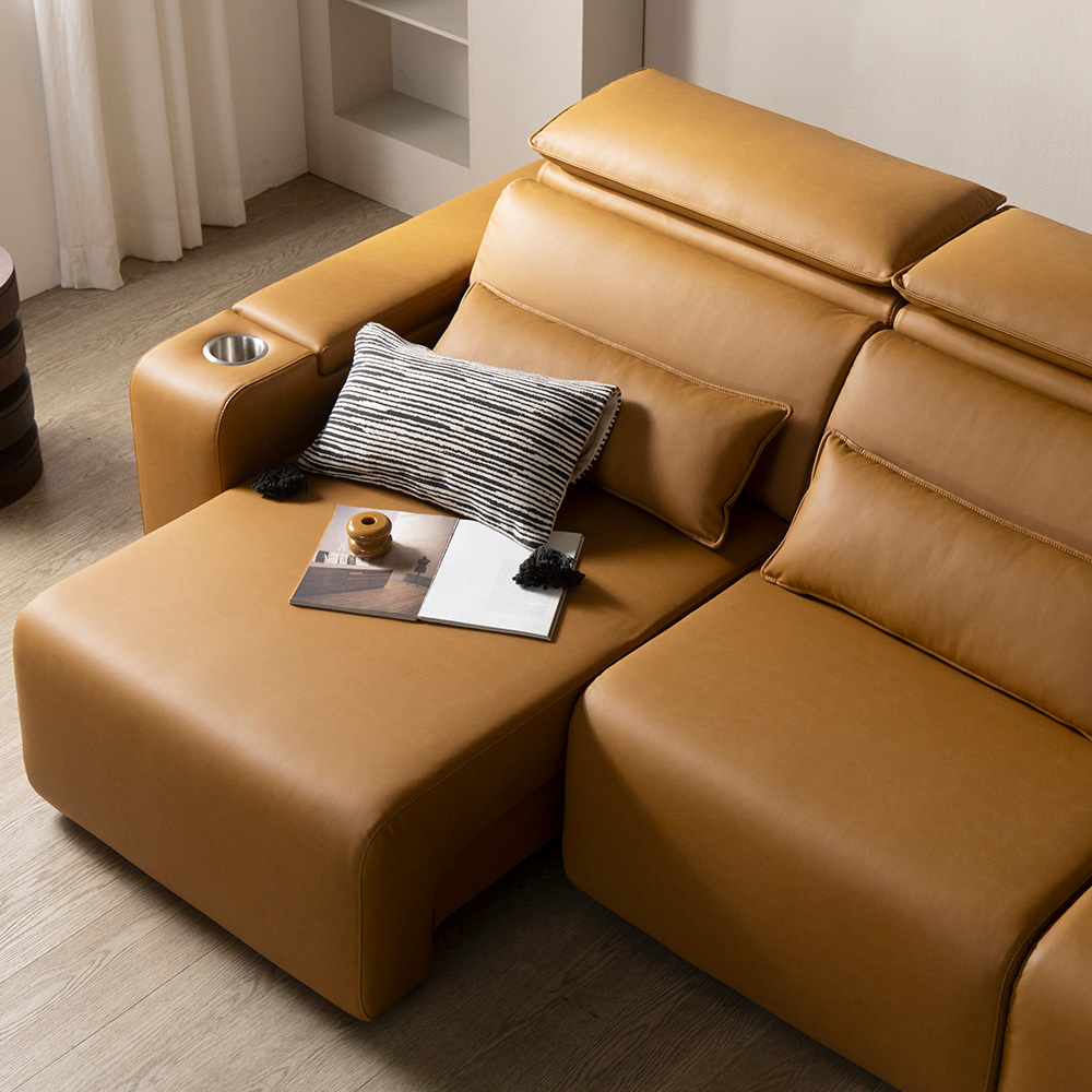 [4인 이지클린 기능성 가죽 소파] 미코하임 르네 슬라이딩 확장형 리클라이너 모션 공간 활용 거실 소파 스툴미포함, 카멜(가죽), 4인용