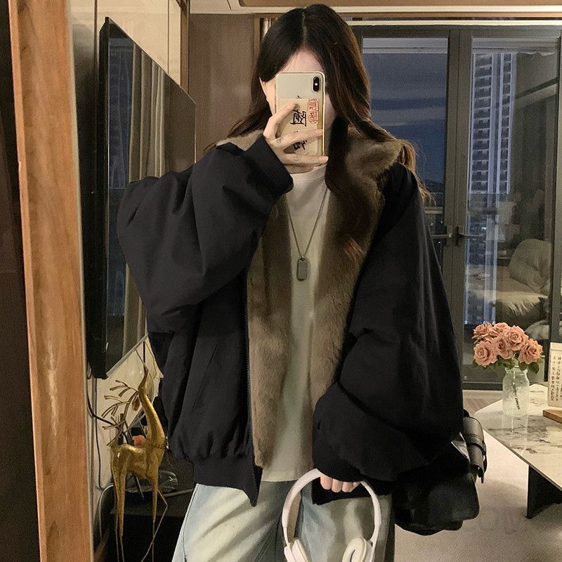 여성 리버시블 뽀글이 양면 플리스 후드 집업 점퍼 따뜻한 가을 겨울 캐주얼 루즈핏 숏 패딩 자켓 아우터 - 상세 이미지 4