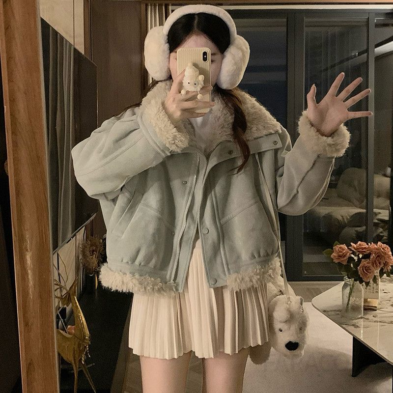 여성 겨울 따뜻한 루즈핏 오버핏 양털 안감 카라넥 숏자켓 집업 점퍼 빅사이즈 캐주얼 아우터 데일리 보온성 - 상세 이미지 4