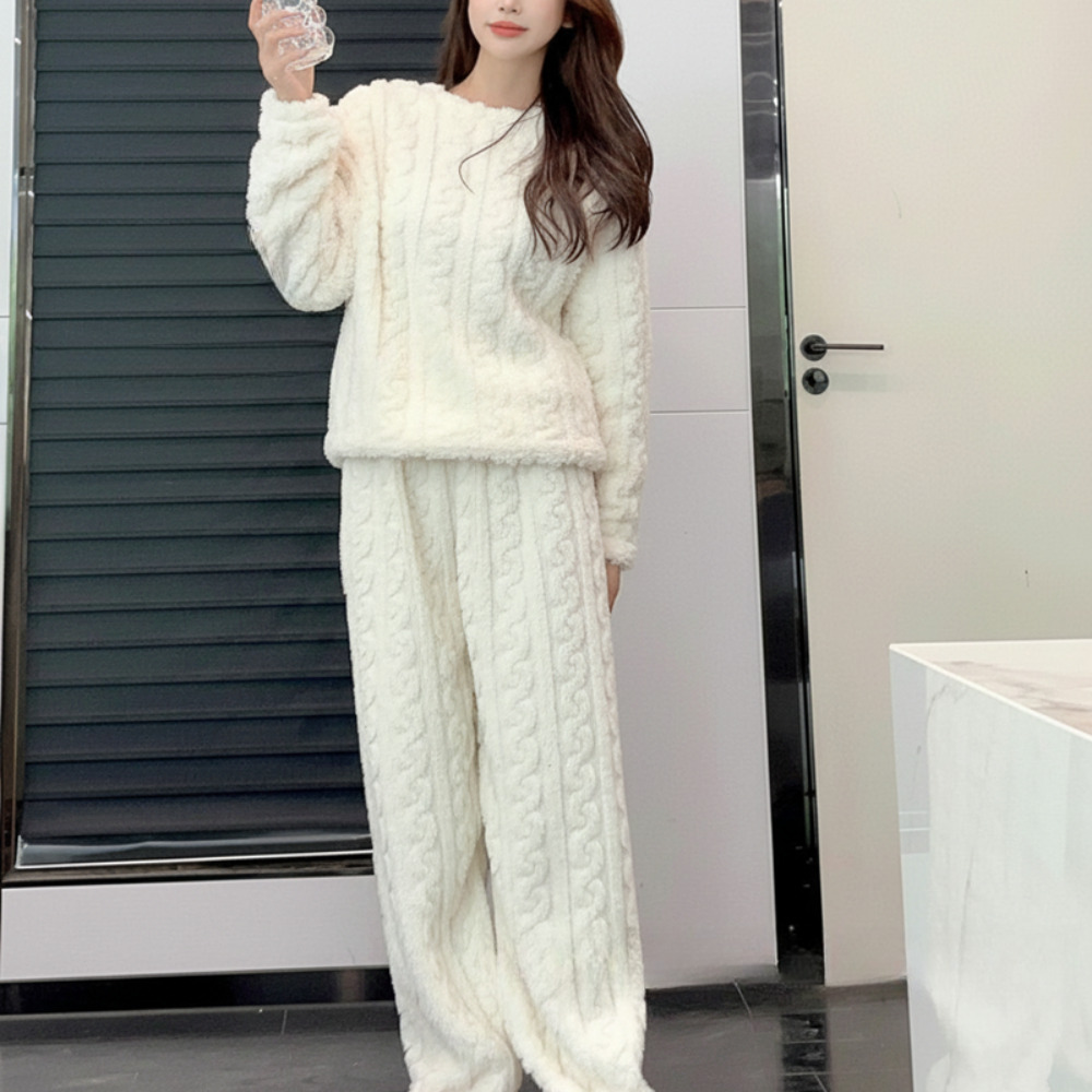 극세사수면잠옷 세트 꽈배기 시보리 파자마 후리스 우정 두꺼운 겨울 밍크수면잠옷 - 상세 이미지 4