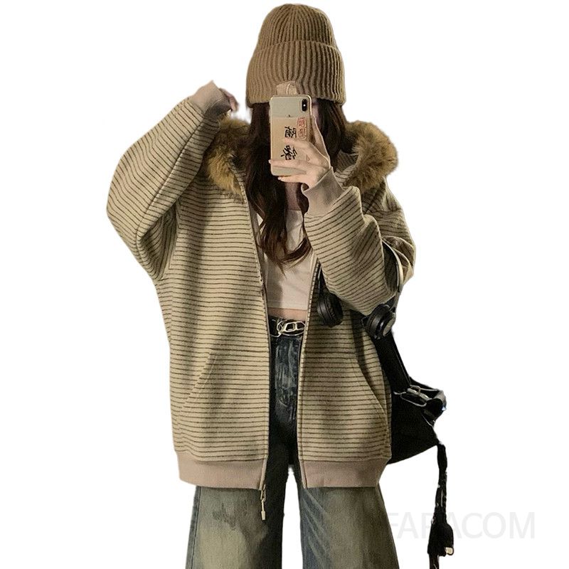 여성 퍼 카라 스트라이프 후드 집업 점퍼 안감 누빔 루즈핏 오버핏 캐주얼 겨울 아우터 - 상세 이미지 5