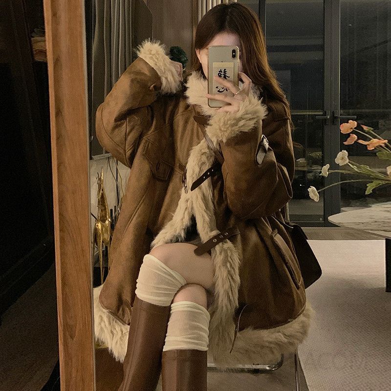 여성 레트로 무스탕 양털 퍼 스웨이드 숏 자켓 카라넥 오버핏 루즈핏 데일리룩 따뜻한 겨울 캐주얼 코트 아우터 - 메인 이미지
