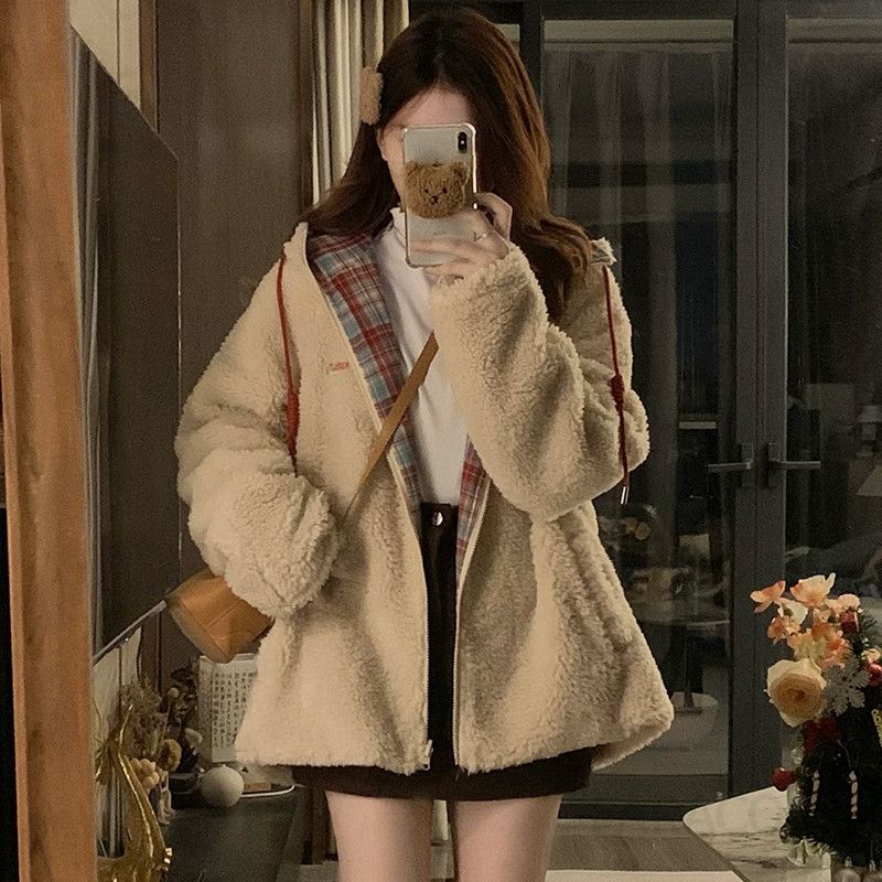 여성 양면 덤블 양털 후드 자켓 레드 체크 루즈핏 오버핏 따뜻한 겨울 데일리 점퍼 외투 - 상세 이미지 4