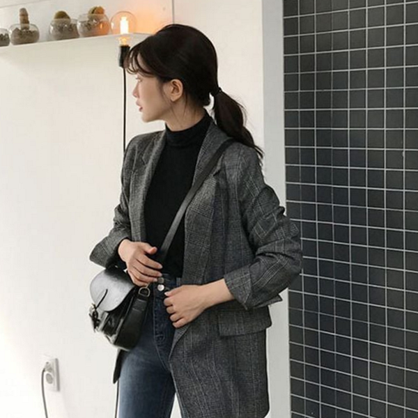 루즈핏 여성 체크 자켓 캐주얼 체크 자켓 간절기 오버핏 - 메인 이미지