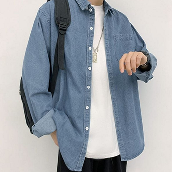 루즈핏 남성 데님 셔츠 오버핏 데님 셔츠 청남방 가을 - 상품 이미지