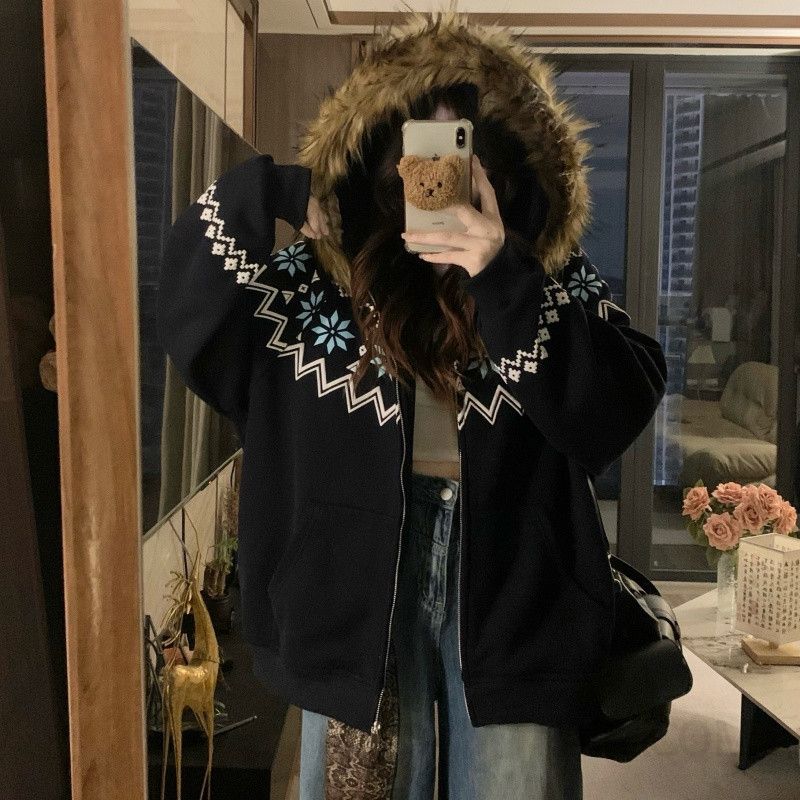 여성 페어아일 퍼 후드 집업 플리스 자켓 루즈핏 오버핏 따뜻한 방한 두툼한 겨울 아우터 - 상세 이미지 2