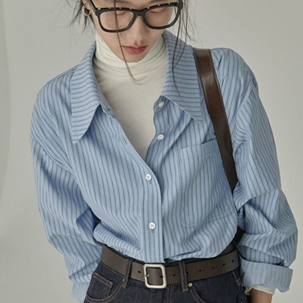 루즈핏 여성 스트라이프 셔츠 캐주얼 여성 오버핏 셔츠 와이셔츠 - 상품 이미지