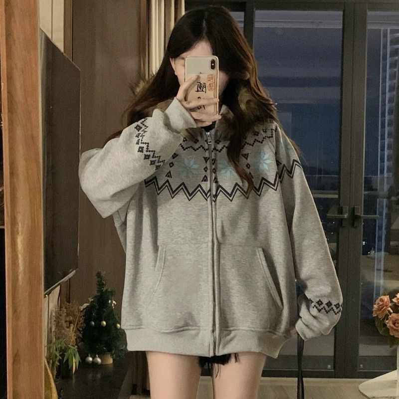 여성 페어아일 퍼 후드 집업 플리스 자켓 루즈핏 오버핏 따뜻한 방한 두툼한 겨울 아우터 - 상세 이미지 4