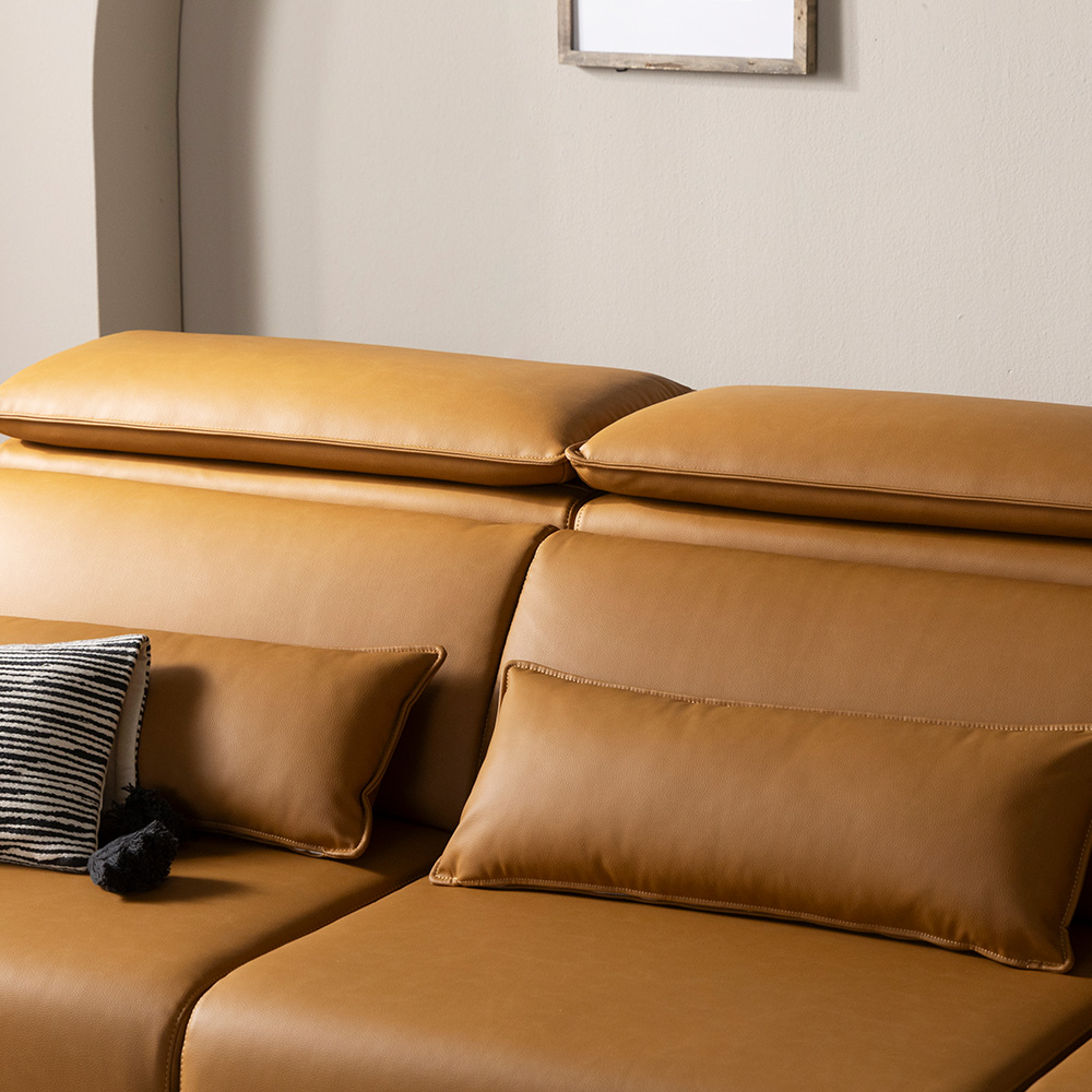 [4인 이지클린 기능성 가죽 소파] 미코하임 르네 슬라이딩 확장형 리클라이너 모션 공간 활용 거실 소파 스툴미포함, 카멜(가죽), 4인용