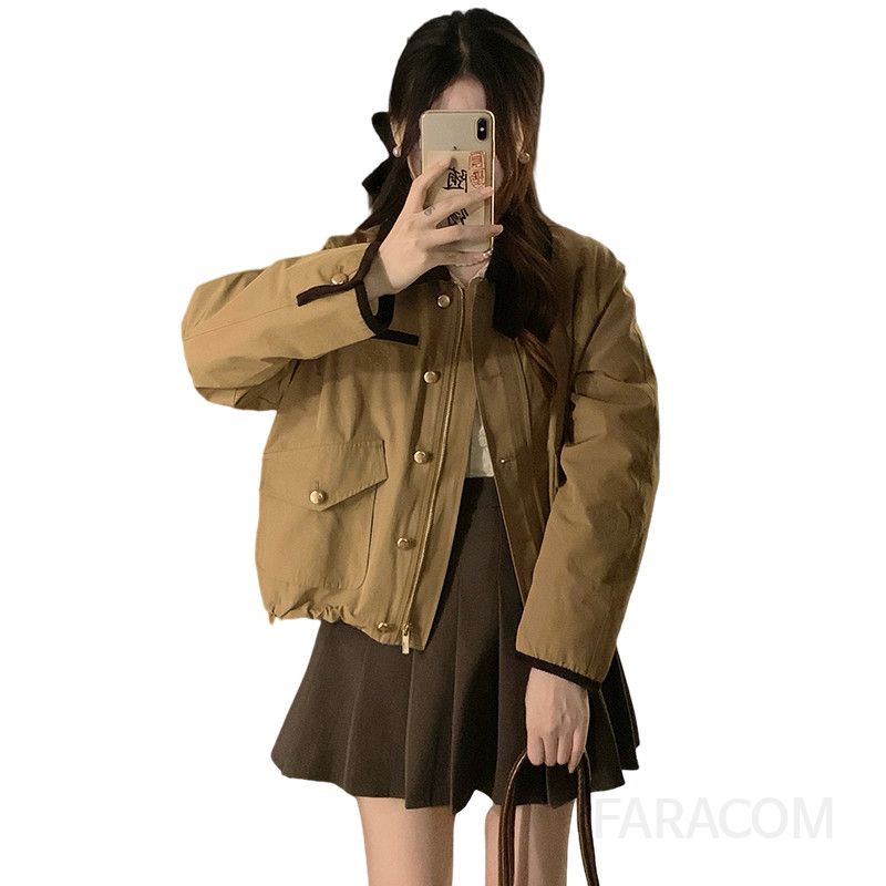 여성 루즈핏 배색 카라 누빔 크롭 점퍼 금장 버튼 긴팔 아우터 데일리 오피스룩 캠퍼스 캐주얼 점퍼 겨울 자켓 - 상세 이미지 5