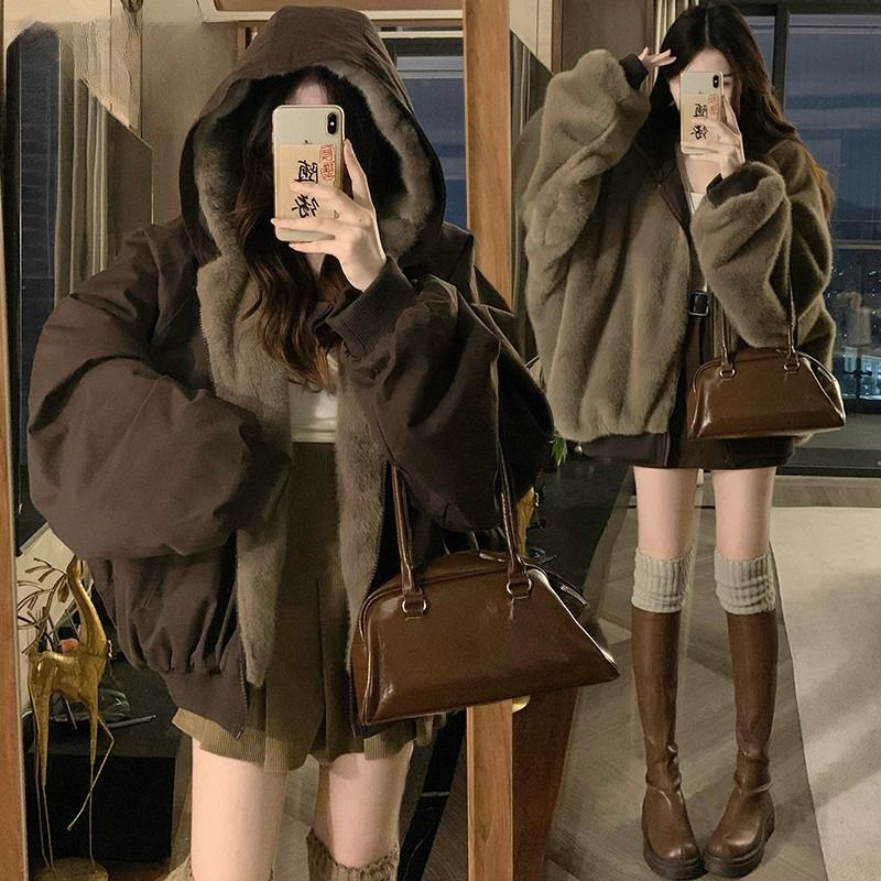 여성 리버시블 뽀글이 양면 플리스 후드 집업 점퍼 따뜻한 가을 겨울 캐주얼 루즈핏 숏 패딩 자켓 아우터 - 메인 이미지