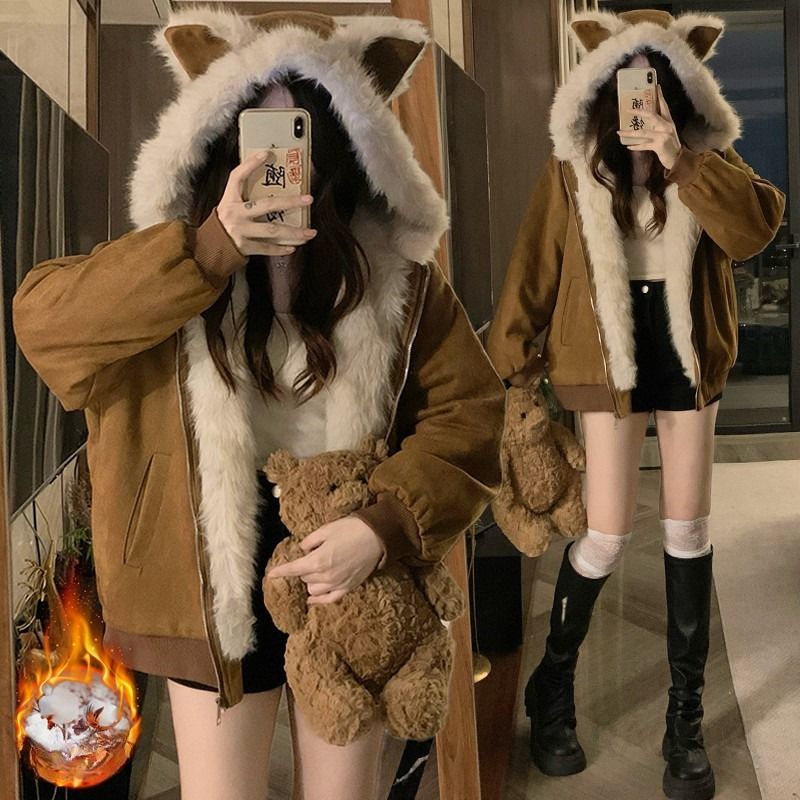 여성 고양이귀 후드 털안감 오버핏 루즈핏 지퍼 패딩 점퍼 재킷 아우터 겨울 데일리룩 - 메인 이미지