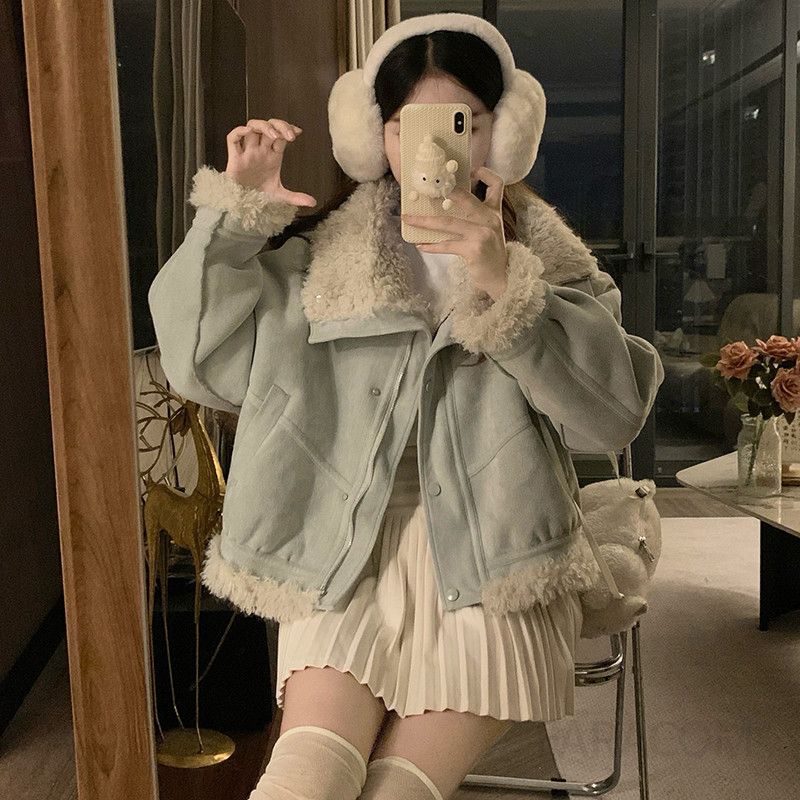 여성 겨울 따뜻한 루즈핏 오버핏 양털 안감 카라넥 숏자켓 집업 점퍼 빅사이즈 캐주얼 아우터 데일리 보온성 - 상세 이미지 3
