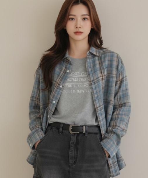 여성 체크셔츠 남방 가을 살안타템 오버핏 롱 박시 빅사이즈 - 상세 이미지 2