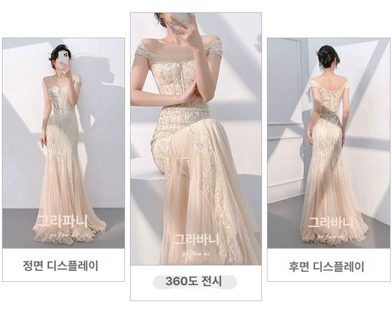 연말 시상식 드레스 연주회 샴페인 오프숄더 머메이드 스팽클 롱드레스  샴페인 S - 상세 이미지 4