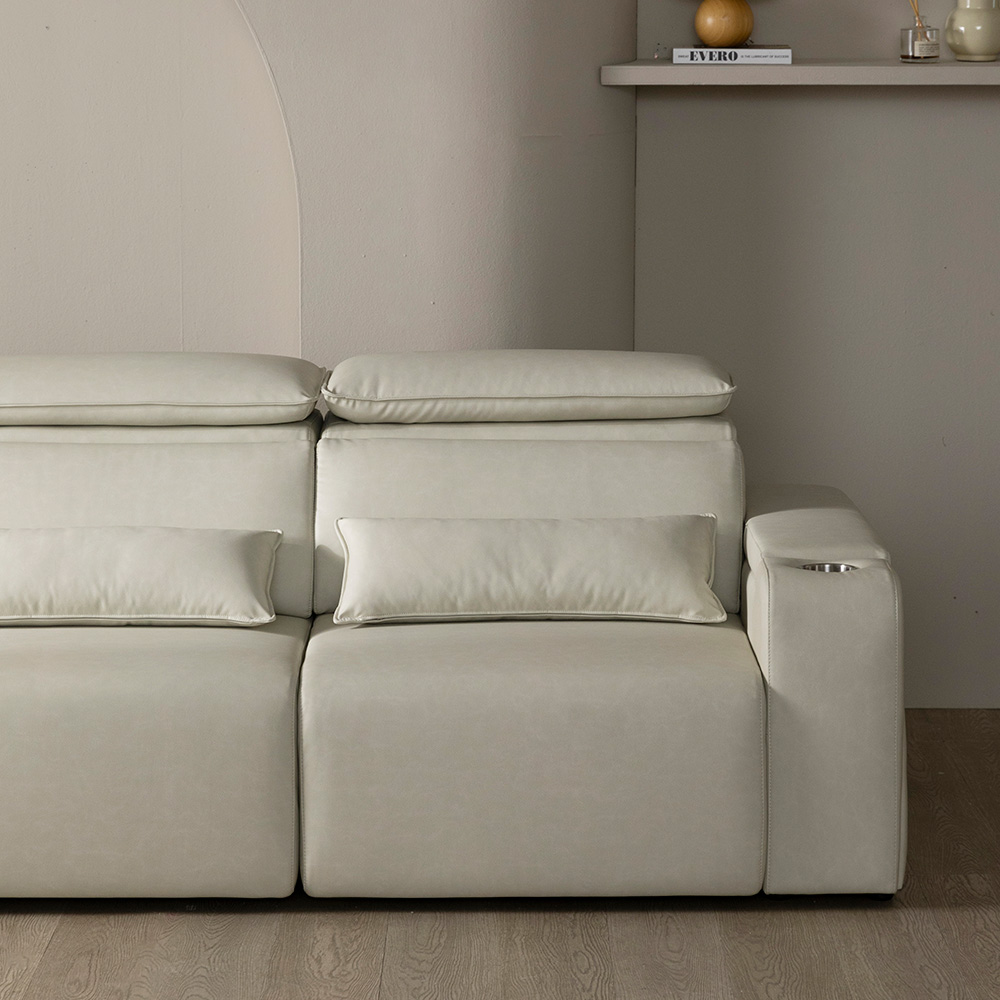 [4인 이지클린 기능성 가죽 소파] 미코하임 르네 슬라이딩 확장형 리클라이너 모션 공간 활용 거실 소파 스툴미포함, 크림베이지(가죽), 4인용