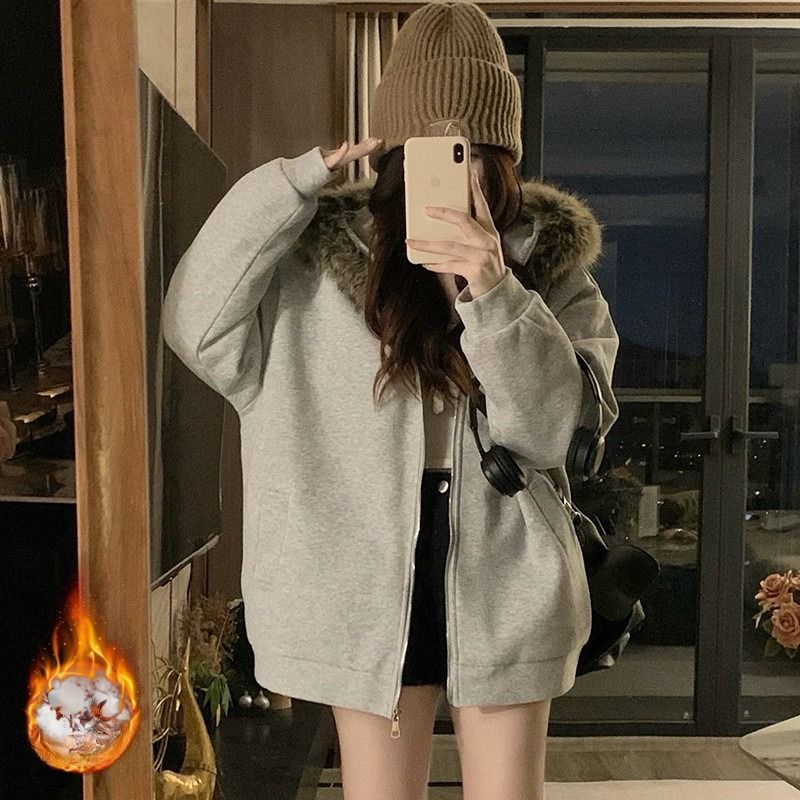 여성 루즈핏 후드 패딩점퍼 풍성한 퍼카라 따뜻한 보온성 겨울 아우터 데일리 힙한 캐주얼 스트릿 집업 숏코트 - 메인 이미지