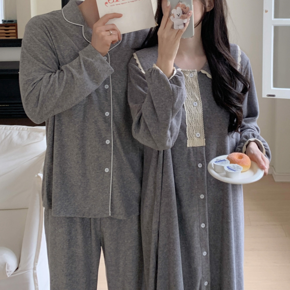 신혼부부커플잠옷 긴팔원피스잠옷 커플파자마 임산부 빅사이즈 겨울 크리스마스 홈웨어 세트 - 상품 이미지
