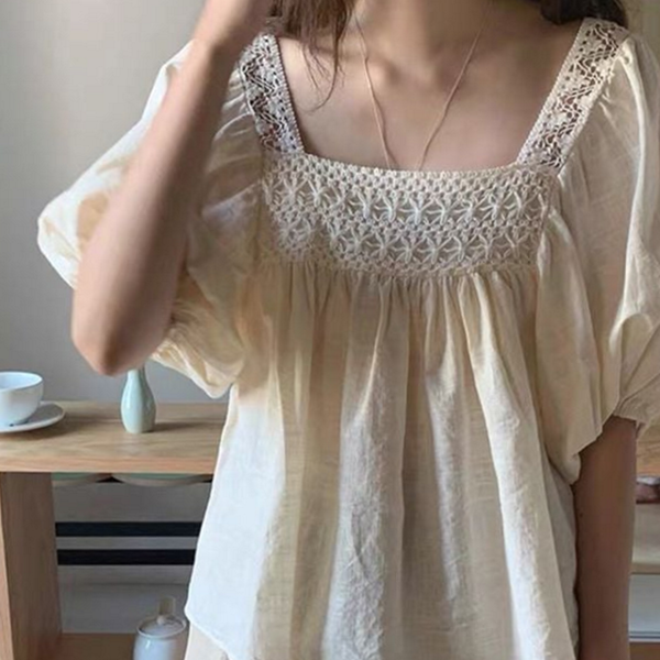 데일리 여성 블라우스 레이스 스퀘어넥 블라우스 루즈핏 펀칭 - 상품 이미지