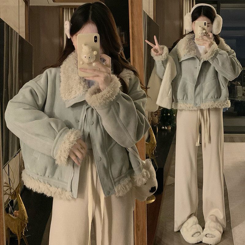 여성 겨울 따뜻한 루즈핏 오버핏 양털 안감 카라넥 숏자켓 집업 점퍼 빅사이즈 캐주얼 아우터 데일리 보온성 - 메인 이미지