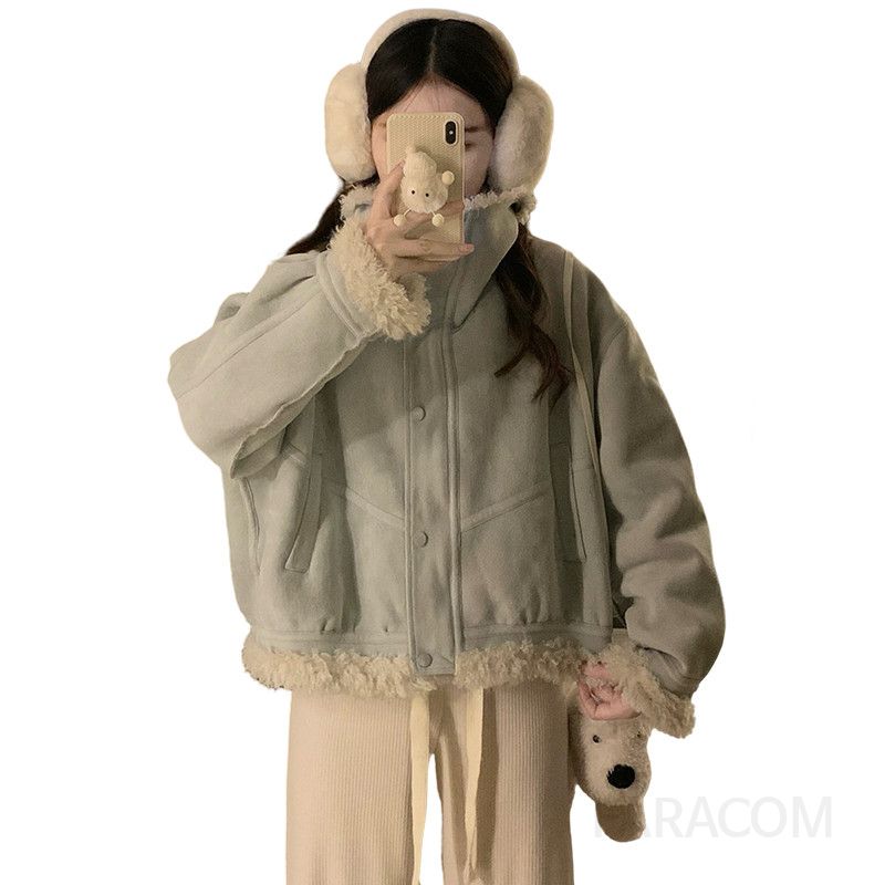 여성 겨울 따뜻한 루즈핏 오버핏 양털 안감 카라넥 숏자켓 집업 점퍼 빅사이즈 캐주얼 아우터 데일리 보온성 - 상세 이미지 5