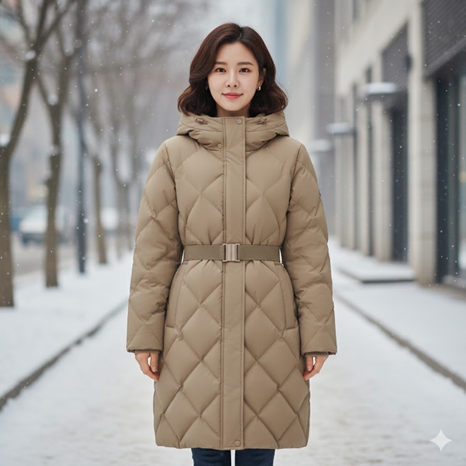 네파 여자 겨울 아웃도어 허리벨트 롱다운 구스다운 롱코트 패딩점퍼 - 상품 이미지